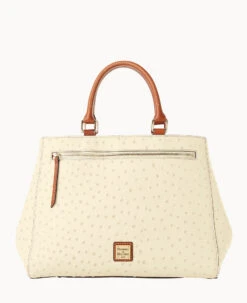 Ostrich Zip Satchel Bone