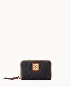 Ostrich Large Zip Around Credit Card Case Black